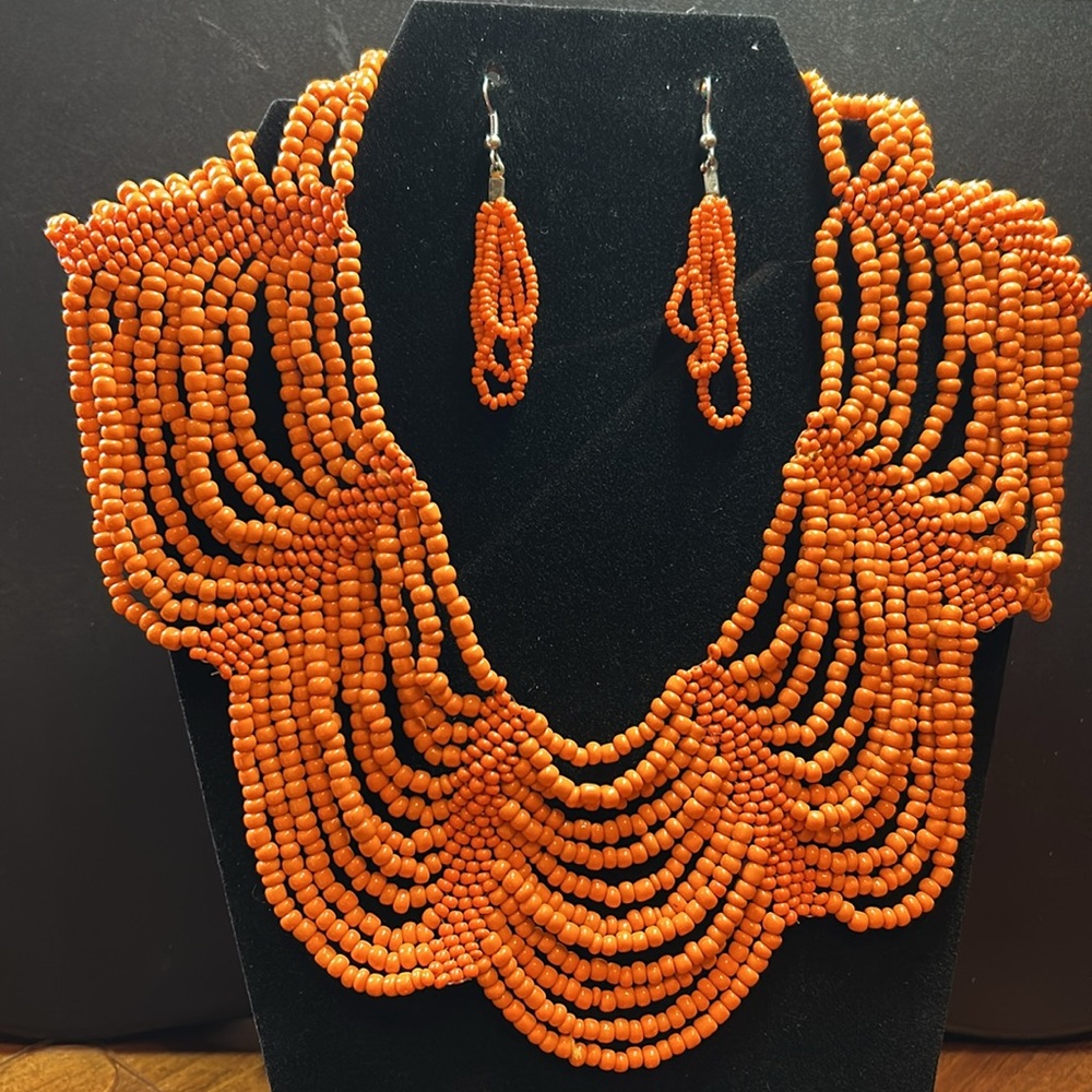 Very Unique Bright Orange Hand Beaded Collar Necklace with Matching Earrings